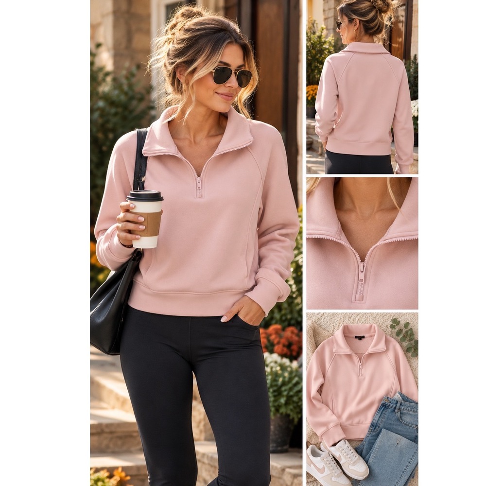 Angel Cult Womens Pink Quarter Zip Cropped Pullover Sweatshirt Size M